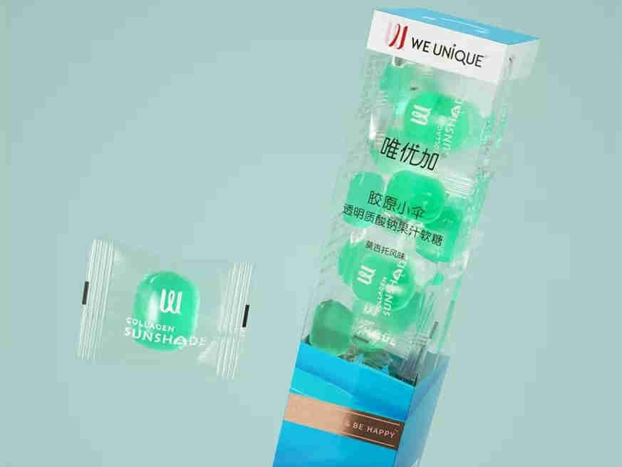 零蔗糖、零激素,低热量,唯优加上新胶原小伞透明质酸钠果汁软糖