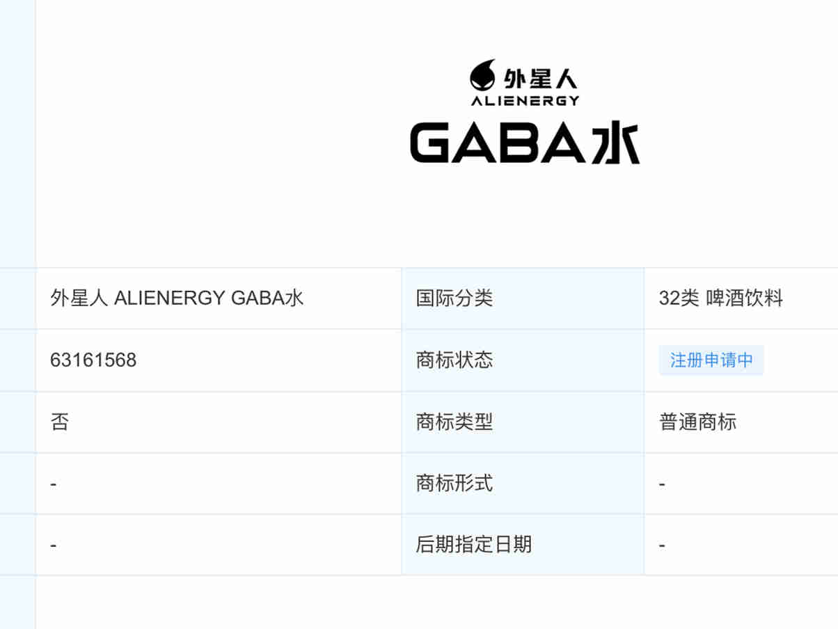 注册“外星人ALIENERGY GABA水”“外星人GABA水”等商标,或预示元气森林将布局睡眠场景功能性饮料