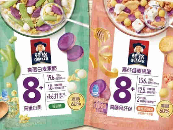 百事桂格上新高蛋白麦果脆、高纤维麦果脆,8秒即可食,开袋即食适合职场人食用