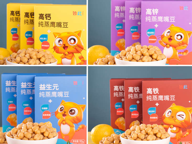 妙此上新纯蒸鹰嘴豆,添加益生元、钙铁锌等微量元素,占据品类创新先机