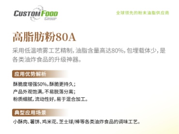 酥脆度增强50%,酥脆更持久，高脂肪粉应用在油炸食品